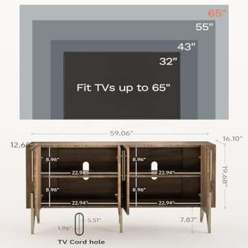 roomfitters Mid Century Modern TV Stand for TVs up to 65", Sideboard Buffet Cabinet with Storage, Credenza for Living Room, Entertainment Center with Doors, Walnut Media Console, Gold Legs