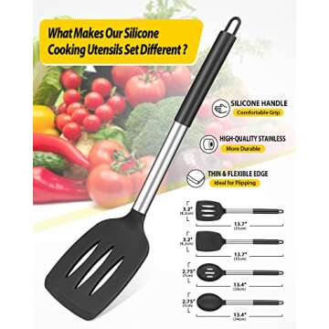 Pack of 4 Silicone Cooking Utensils Set, Non Stick Large Solid Spatulas, Heat Resistant Black Slotted Spoons, Ideal BPA Free Kitchen Turners for Frying, Mixing,Serving,Draining,Turning,Stirring