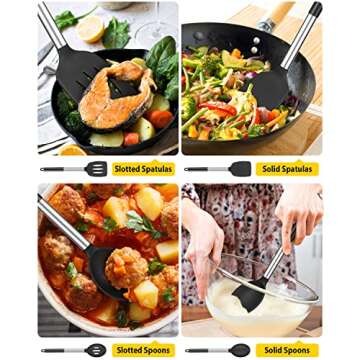 Pack of 4 Silicone Cooking Utensils Set, Non Stick Large Solid Spatulas, Heat Resistant Black Slotted Spoons, Ideal BPA Free Kitchen Turners for Frying, Mixing,Serving,Draining,Turning,Stirring