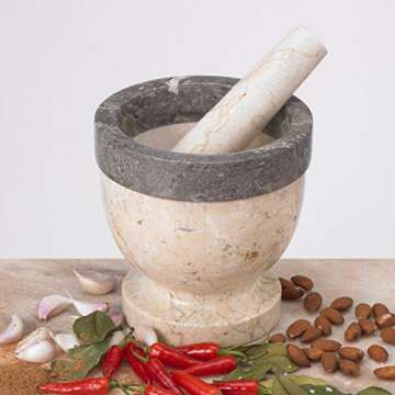 Creative Home Natural Two Tone Marble Mortar and Pestle Set Guacamole Spice Herbs Grinder, 5.9" Diam,.x 5.9" H, Beige and Charcoal