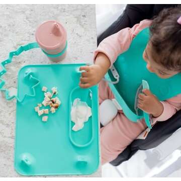 BUSY BABY Silicone Mat - Suction Cups, 4 Straps to Secure Baby Essentials, Self Feeding, Baby Led Weaning, Travel Sleeve Included (Tan)