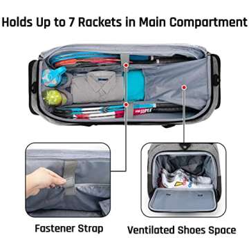 DSLEAF Tennis Racket Bag Holds 8 Rackets, Tennis Duffle Bag with Separate Ventilated Shoe Compartment Up to Mens 13 for Tennis/Pickleball/Badminton/Squash Sports,Grey