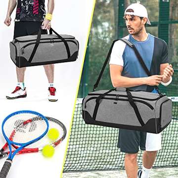 DSLEAF Tennis Racket Bag Holds 8 Rackets, Tennis Duffle Bag with Separate Ventilated Shoe Compartment Up to Mens 13 for Tennis/Pickleball/Badminton/Squash Sports,Grey