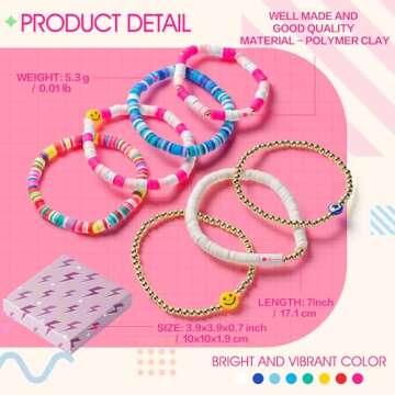 Y1tvei 7Pcs Heishi Surfer Bracelets Set Colorful Preppy Smile Evil Eye Beaded Stretch Bracelets