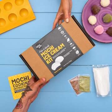 Global Grub Original DIY Mochi Ice Cream Kit - Kit Includes Sweet Rice Flour, Potato Starch, Matcha Powder, Cocoa Powder, Ice Cream Mochi Maker, Dough Cutter, Cooking Instructions. Makes 32 Pieces