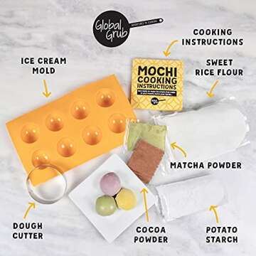 Global Grub Original DIY Mochi Ice Cream Kit - Kit Includes Sweet Rice Flour, Potato Starch, Matcha Powder, Cocoa Powder, Ice Cream Mochi Maker, Dough Cutter, Cooking Instructions. Makes 32 Pieces