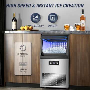 Commercial Ice Maker Machine 100LBS/24H with 20LBS Storage Bin, Gallon Water & Facuet Water Inlet, 36PCS 15" Wide Undercounter/Freestanding Ice Maker Machine for Home Bar Outdoor, Self Cleaning