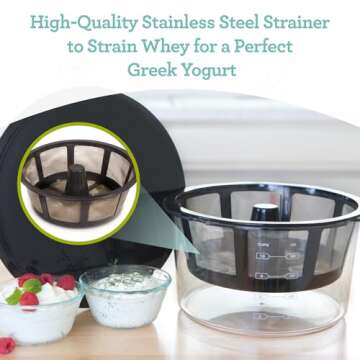 Euro Cuisine GY60 Greek Yogurt Maker with Ultra Fine Mesh Stainless Steel Strainer Basket, BPA Free, Patented Greek Yogurt Strainer, Ideal for Healthy Homemade Yogurt, Dips, and Desserts