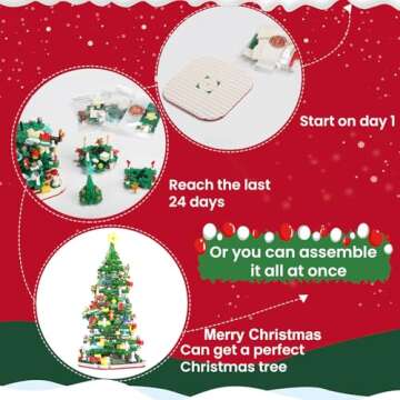 Advent Calendar 2024 Adult Teen Boy Girls Kids Christmas Tree Building Set Toys with Led light, Holiday 24 Days Christmas Countdown Calendars Xmas Tree, Fun Cute Christmas Gifts (1083 PCS)