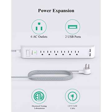 2 Pack Power Strip, 12FT Long Extension Cord, Surge Protector with 6 Outlets and 2 USB Charging Ports, Flat Plug Overload Protection, Extension Cord 10+ ft, Wall Mount for Home Office Dorm College