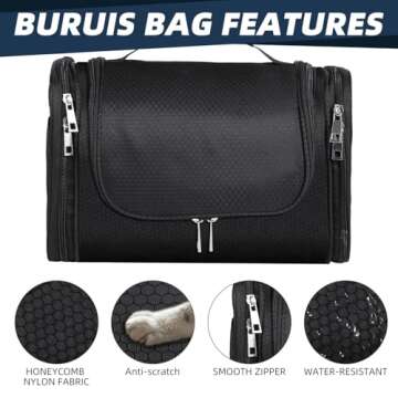 Buruis Large Capacity Toiletry Bag for Women and Men, Hanging Toiletry Organizer Cosmetics Makeup Bag, Water-resistant Dopp kit Shaving Bag for Full Sized Toiletries, Travel Essentials (Black)