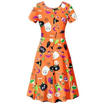 NASHALYLY Women's Halloween Dress Short Sleeves Printed Vintage Style A-Line Party Dresses(W122，M)