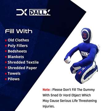 DALLX MMA Grappling Dummy BBJ Wrestling Brazilian Jiu Jitsu Punching Bag Judo Karate Throwing Boxing Fighting Dummy Self Defense Sitting Position – UNFILLED (Blue White, 5FT)