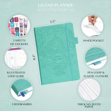 Legend Planner – Weekly & Monthly Life Planner to Hit Your Goals & Live Happier. Organizer Notebook & Productivity Journal. A5 (Aquamarine)