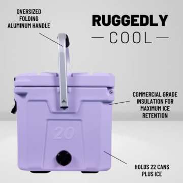 CAMP-ZERO 21 Quart Rotomolded Hard Cooler - Insulated Ice Chest with 4 Cup Holders - Bear-Proof Travel Ice Box for Beverage, Drink, BBQ, Fishing, Camping, Outdoor, Purple/Lavender