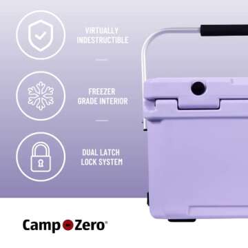 CAMP-ZERO 21 Quart Rotomolded Hard Cooler - Insulated Ice Chest with 4 Cup Holders - Bear-Proof Travel Ice Box for Beverage, Drink, BBQ, Fishing, Camping, Outdoor, Purple/Lavender