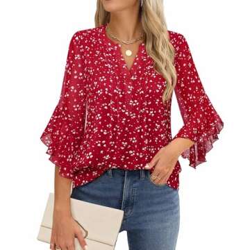 Timeson 3/4 Length Sleeve Womens Tops: Office Attire - Red Blouses for Women Dressy Casual - Work Shirts for Women Business Career Flowy Ladies Tops Trendy 2024 Fall Peasant Professional Formal Outfit