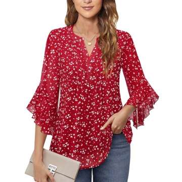 Timeson 3/4 Length Sleeve Womens Tops: Office Attire - Red Blouses for Women Dressy Casual - Work Shirts for Women Business Career Flowy Ladies Tops Trendy 2024 Fall Peasant Professional Formal Outfit