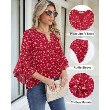 Timeson 3/4 Length Sleeve Womens Tops: Office Attire - Red Blouses for Women Dressy Casual - Work Shirts for Women Business Career Flowy Ladies Tops Trendy 2024 Fall Peasant Professional Formal Outfit