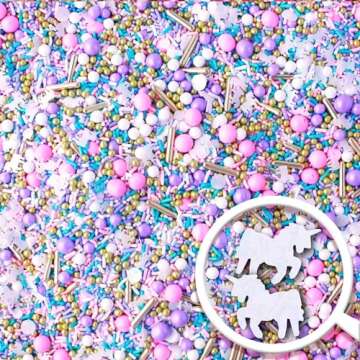 Unicorn Sprinkle Mix| Made In USA By Sprinkle Pop| Pastel Pink Purple Blue White Sprinkles with Unicorn Wafer Paper and Gold Dragees For Decorating Princess Birthday Cakes Cupcakes Donuts Cookies, 2oz