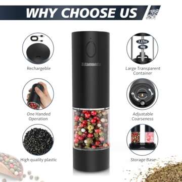 Rechargeable Electric Salt and Pepper Grinder Set with Adjustable Coarseness,One Hand Operation Automatic Salt and Pepper Mill Grinder Shakers with led Lights,2 Packs