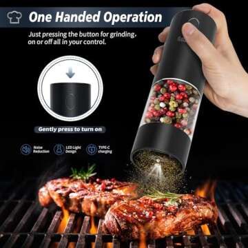 Rechargeable Electric Salt and Pepper Grinder Set with Adjustable Coarseness,One Hand Operation Automatic Salt and Pepper Mill Grinder Shakers with led Lights,2 Packs