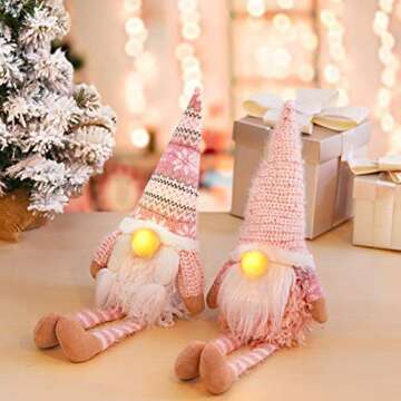 D-FantiX Pink Christmas Valentine Gnomes Decorations, 2Pack Handmade Swedish Tomte Gnome with LED Lighting Nose Scandinavian Figurine Pink Gnomes Plush Elf Valentines Day Decor Long Leg