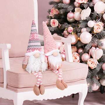 D-FantiX Pink Christmas Valentine Gnomes Decorations, 2Pack Handmade Swedish Tomte Gnome with LED Lighting Nose Scandinavian Figurine Pink Gnomes Plush Elf Valentines Day Decor Long Leg