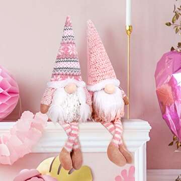 D-FantiX Pink Christmas Valentine Gnomes Decorations, 2Pack Handmade Swedish Tomte Gnome with LED Lighting Nose Scandinavian Figurine Pink Gnomes Plush Elf Valentines Day Decor Long Leg