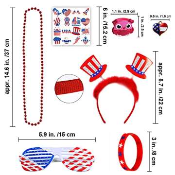 Bulk Patriotic Red White Blue Novelty Jewelry Assortment Patriotic Party Favors Supplies Head Bopper Necklaces Bracelet Glasses Tattoo Stickers for 4th of July Independence Day Memorial Day Parades