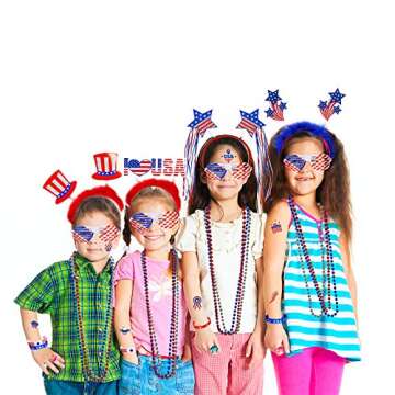 Bulk Patriotic Red White Blue Novelty Jewelry Assortment Patriotic Party Favors Supplies Head Bopper Necklaces Bracelet Glasses Tattoo Stickers for 4th of July Independence Day Memorial Day Parades