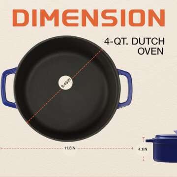 MEIGUI 4QT Cast Iron Dutch Oven, Enameled Non-Stick Dutch Oven, Round Dutch Oven Pot with Lid, Pre-Seasoned Large Dutch Oven Liners, for Sourdough Bread Baking, Braising, Soups, Family Sharing, Blue