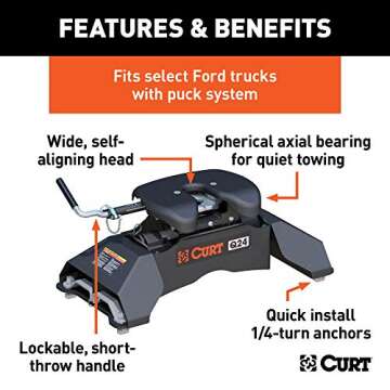 CURT 16037 Q24 5th Wheel Hitch, 24,000 lbs, Select Ford F-250, F-350, F-450, 8-Foot Bed Puck System , Black