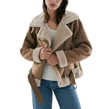 LY VAREY LIN Women's Faux Shearing Moto Jacket Thick Lined Parka Winter Shearling Coat Leather Jacket (Faux Suede Lambs Brown, XL)