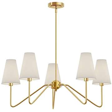 Electro bp;30" Dia 5-Arm Classic Chandeliers Polished Gold with White Linen Shades,Ceiling Light Fixture for Dining Room,Living Room,Entryway,E12,200W