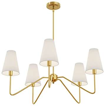 Electro bp;30" Dia 5-Arm Classic Chandeliers Polished Gold with White Linen Shades,Ceiling Light Fixture for Dining Room,Living Room,Entryway,E12,200W