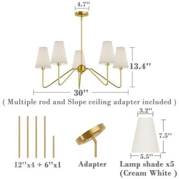 Electro bp;30" Dia 5-Arm Classic Chandeliers Polished Gold with White Linen Shades,Ceiling Light Fixture for Dining Room,Living Room,Entryway,E12,200W