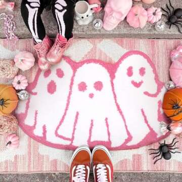 Percozzi Pink Halloween Bath Mat Ghost Tufted Rug Goth Spooky Bathroom Mat Non-Slip Floor Bathmat for Indoor Kitchen Bedroom Plush Rug Soft Absorbent Bath Tub Carpet Halloween Supplies