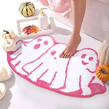 Percozzi Pink Halloween Bath Mat Ghost Tufted Rug Goth Spooky Bathroom Mat Non-Slip Floor Bathmat for Indoor Kitchen Bedroom Plush Rug Soft Absorbent Bath Tub Carpet Halloween Supplies