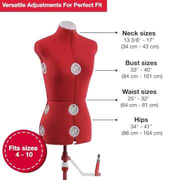 SINGER Female Adjustable Red Dress Form Fits Sizes 4-10 Pinnable Mannequin Body Torso with 360 Degree Hem Guide, Foam-Backed Fabric Exterior, 12 Dials, Tri-Pod Stand