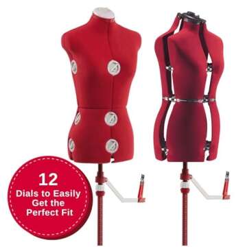 SINGER Female Adjustable Red Dress Form Fits Sizes 4-10 Pinnable Mannequin Body Torso with 360 Degree Hem Guide, Foam-Backed Fabric Exterior, 12 Dials, Tri-Pod Stand