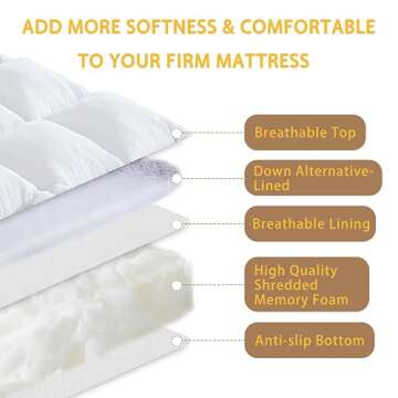 WhatsBedding 3 Inch Memory Foam Mattress Topper Queen Size Plus Thicked Down Alternative-Lined, 1700GSM Fluffy Shredded Memory Foam Filled Pillow Top, 4 Anchor Elastic Bands, Anti-Slip Bottom, 60x80in