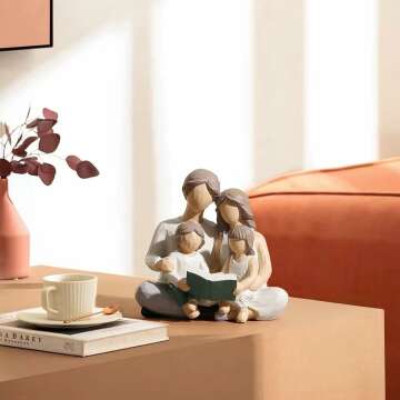 Family of 4 Reading Book Figurines, Hand-Painted Figures Gifts for Parents or Daughter and Son, Family Sculpture for Shelf Decor Desktop Home Bedroom Living Room Decoration