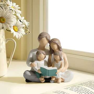 Family of 4 Reading Book Figurines, Hand-Painted Figures Gifts for Parents or Daughter and Son, Family Sculpture for Shelf Decor Desktop Home Bedroom Living Room Decoration