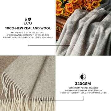 Cozy Blankets | Wool Blanket/Throw | 100% New Zealand Wool | Perfect for Home and Outdoors | Virgin Wool Blanket with Fringes 55"x79"(140 x 200 cm) (Peanut Brown)