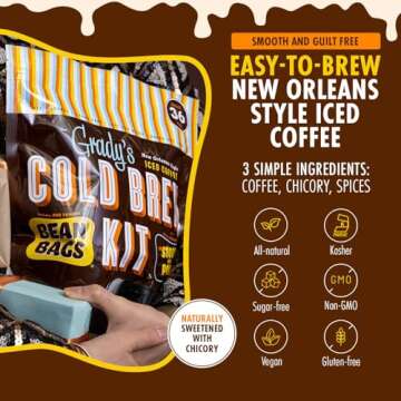 GRADY’S COLD BREW Coffee Pouches | New Orleans Style | 100% Arabica Ground Coffee & Chicory | All-in-One Cold Brew Kit with 12 Easy-to-Brew Beans Bags | Makes 36 drinks