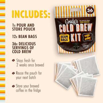 GRADY’S COLD BREW Coffee Pouches | New Orleans Style | 100% Arabica Ground Coffee & Chicory | All-in-One Cold Brew Kit with 12 Easy-to-Brew Beans Bags | Makes 36 drinks