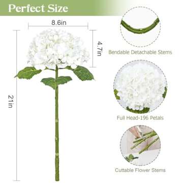 Waipfaru 21" Real Touch White Hydrangea Artificial Flowers with Long Stem & Leaves, Full Latex Faux Hydrangea Flowers for Home Decor Party Floral Arrangements Wedding Bouquets Centerpieces, 3Pcs