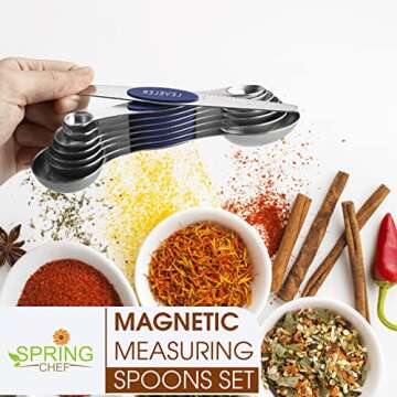 Spring Chef Stainless Steel Magnetic Measuring Spoons Set of 8 with Leveler, Heavy Duty Teaspoon & Tablespoon Measuring Spoons With Strong N45 Magnets, Kitchen Gadgets for Baking & Cooking - Sapphire