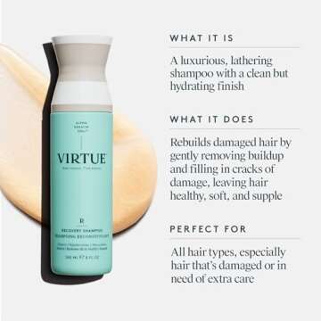 Virtue Recovery Sulfate Free Shampoo with Keratin and Baobab Seed Oil for Damaged Hair, Color Safe